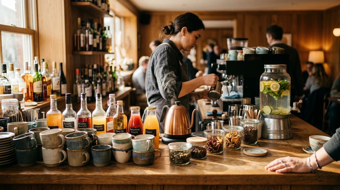 A cozy café counter with ceramic mugs, glass bottles, and a tea kettle