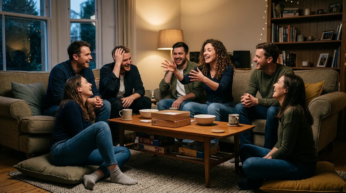 A living room game night: friends on a sofa gesturing and laughing, board games stacked on a coffee table without readable titles
