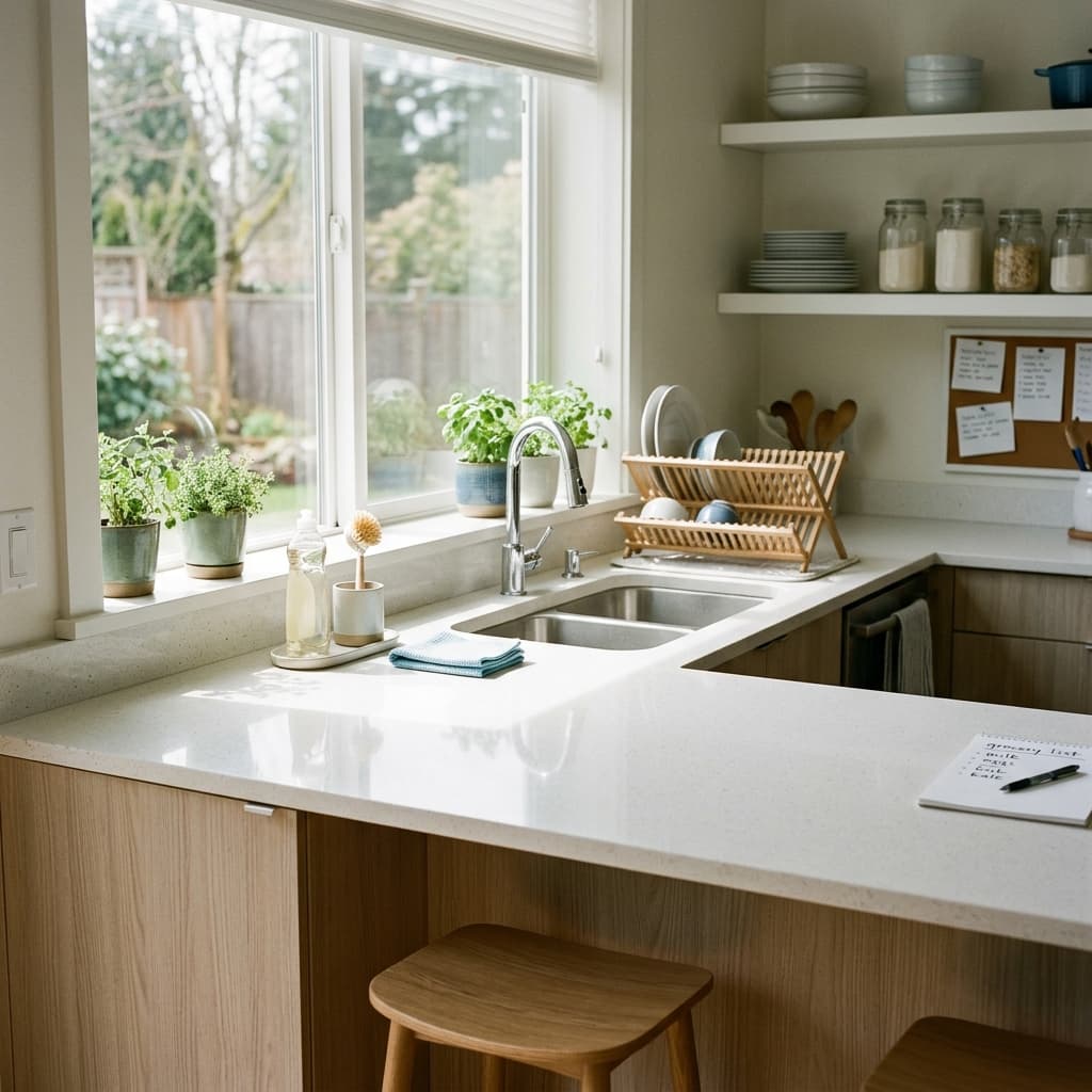 A tidy home kitchen after cleaning: sparkling counter, organized supplies, sunlight through window