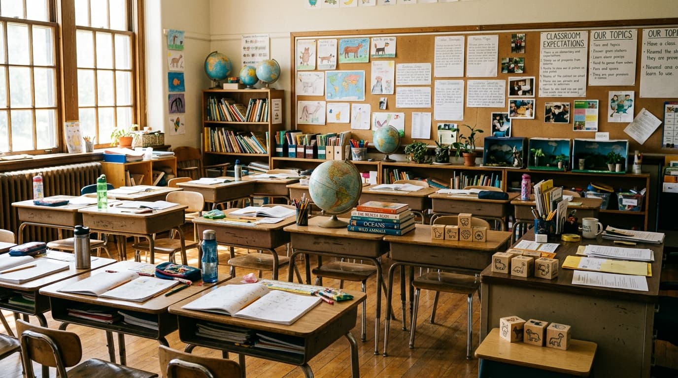 A diverse elementary classroom with students at desks, teacher at side