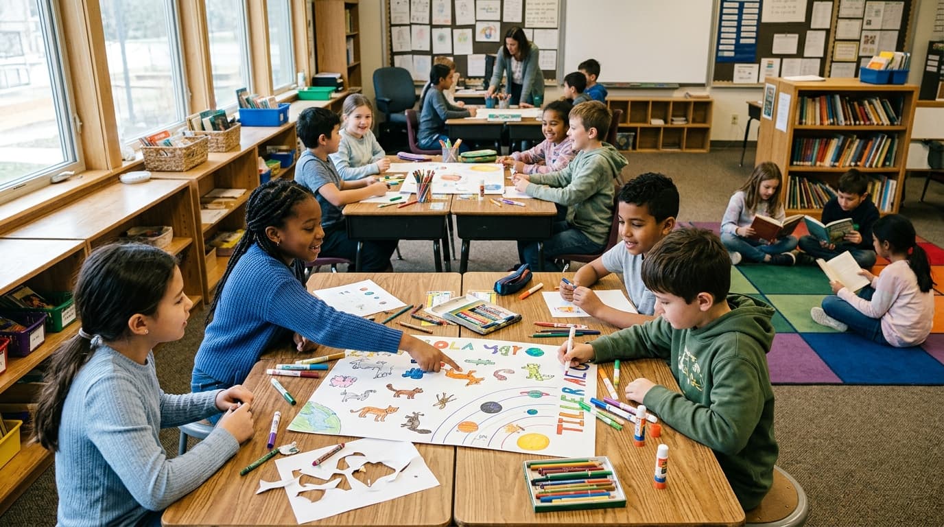 Elementary students at grouped tables collaborating on a poster project