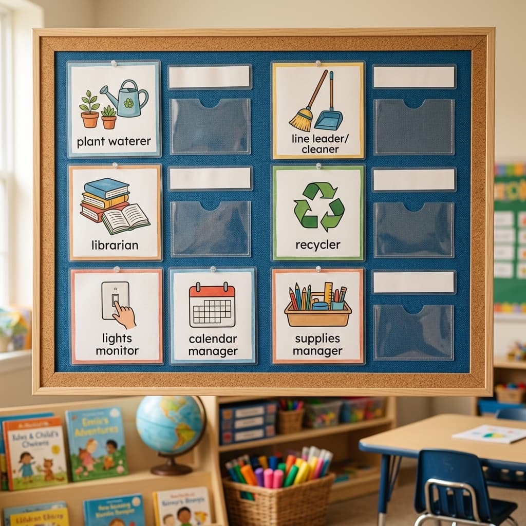 An elementary classroom jobs board with colorful icons and blank name slots