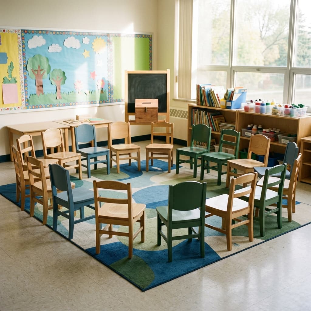 A bright elementary classroom on the first day of school: empty desks in a friendly circle, colorful bulletin board without readable text, sunlight through windows, welcoming and calm