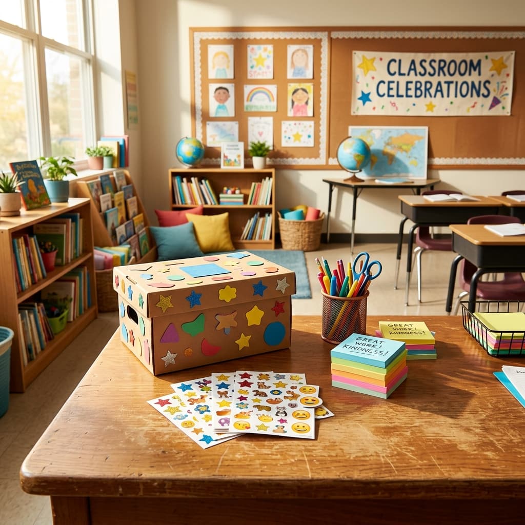 A teacher desk with a small reward treasure box, colorful stickers, and positive notes stack