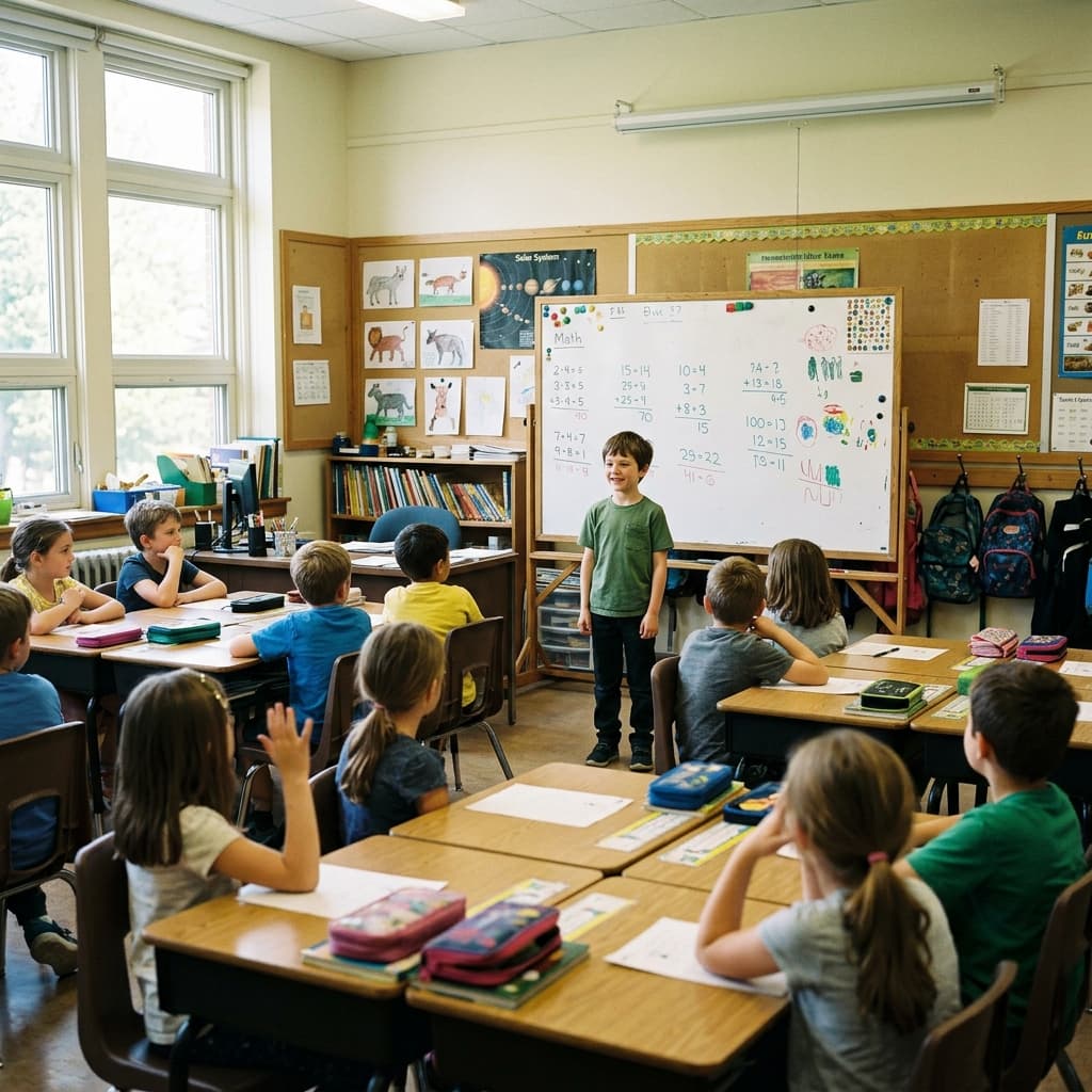 An elementary classroom with a student standing confidently at the front near a whiteboard, classmates seated