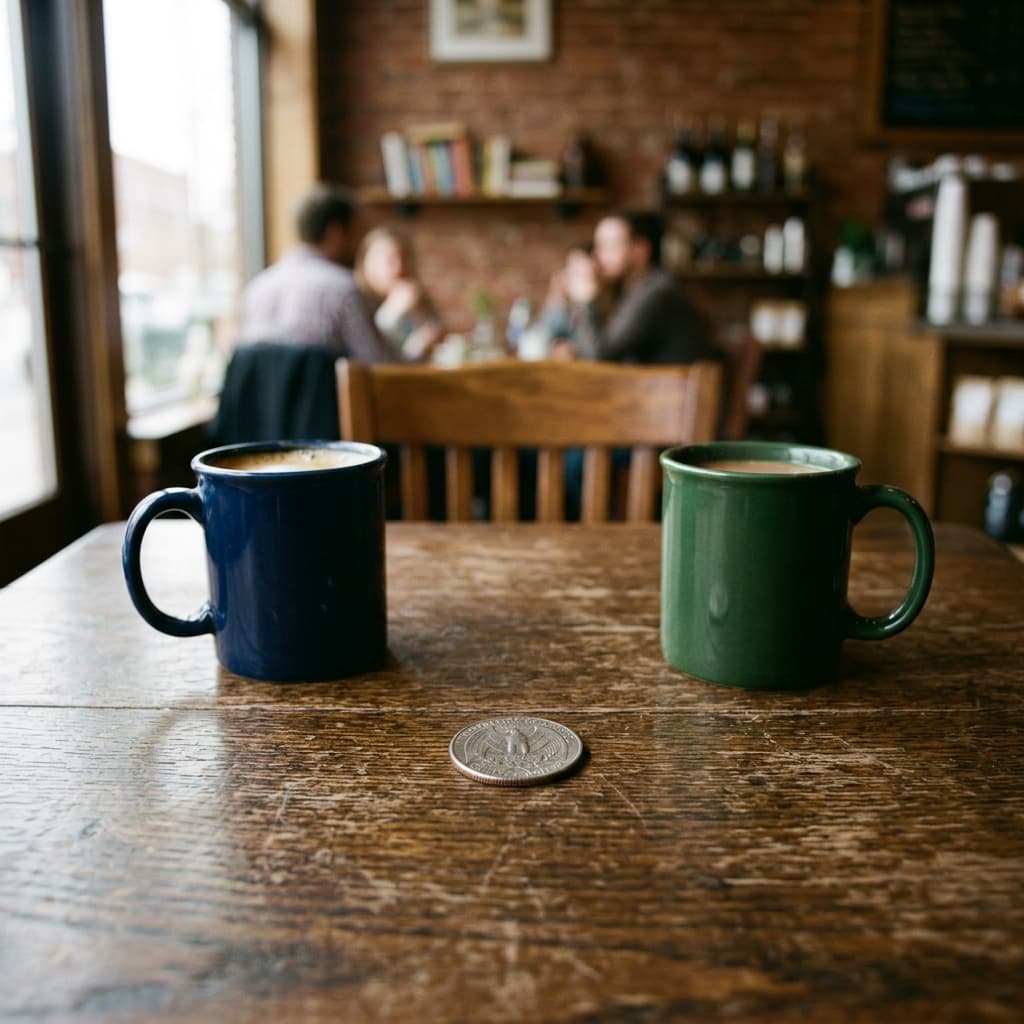 A single coin resting on a wooden café table beside two mugs, soft window light