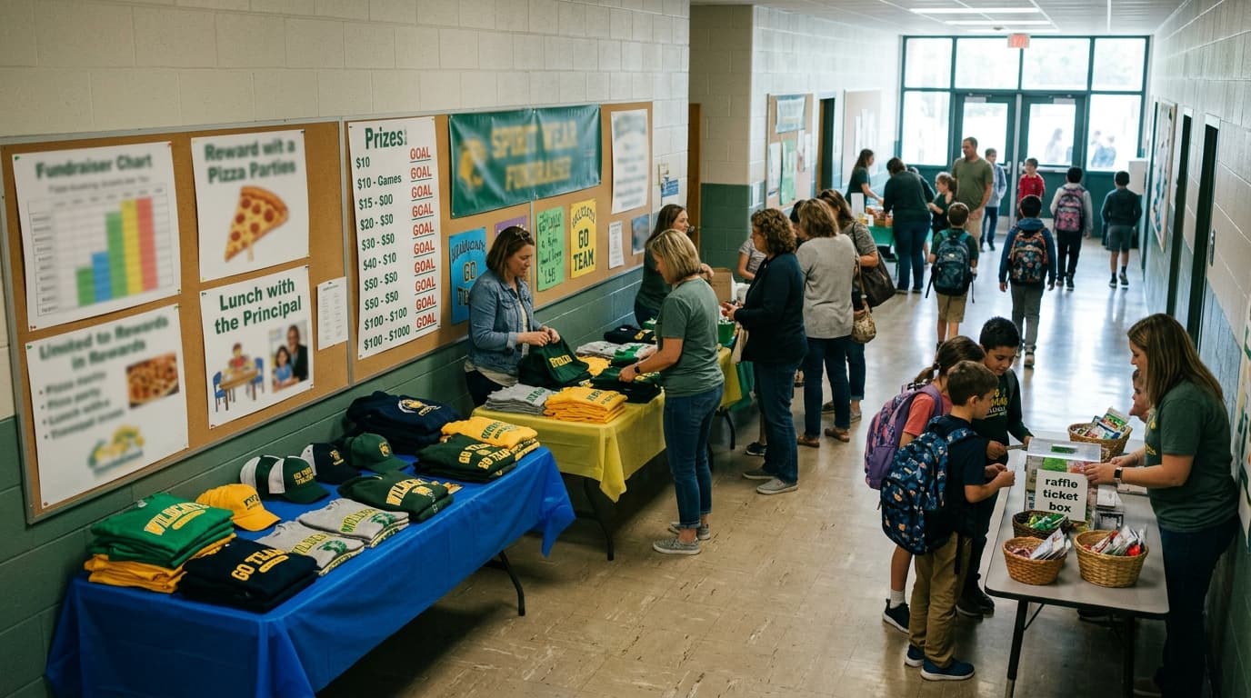 An elementary school hallway with spirit wear display and incentive prize posters with blurred text