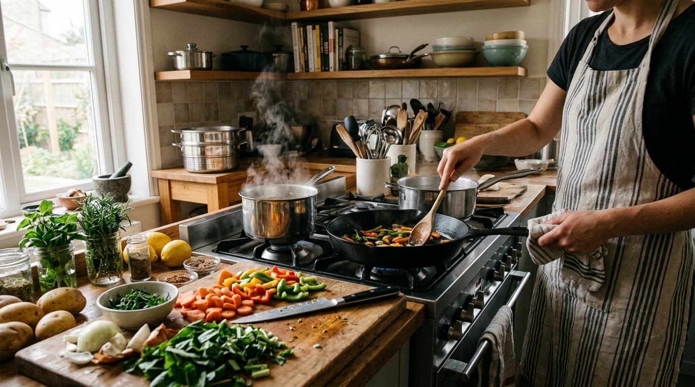 A home kitchen with pots on a stove, cutting board, and fresh vegetables