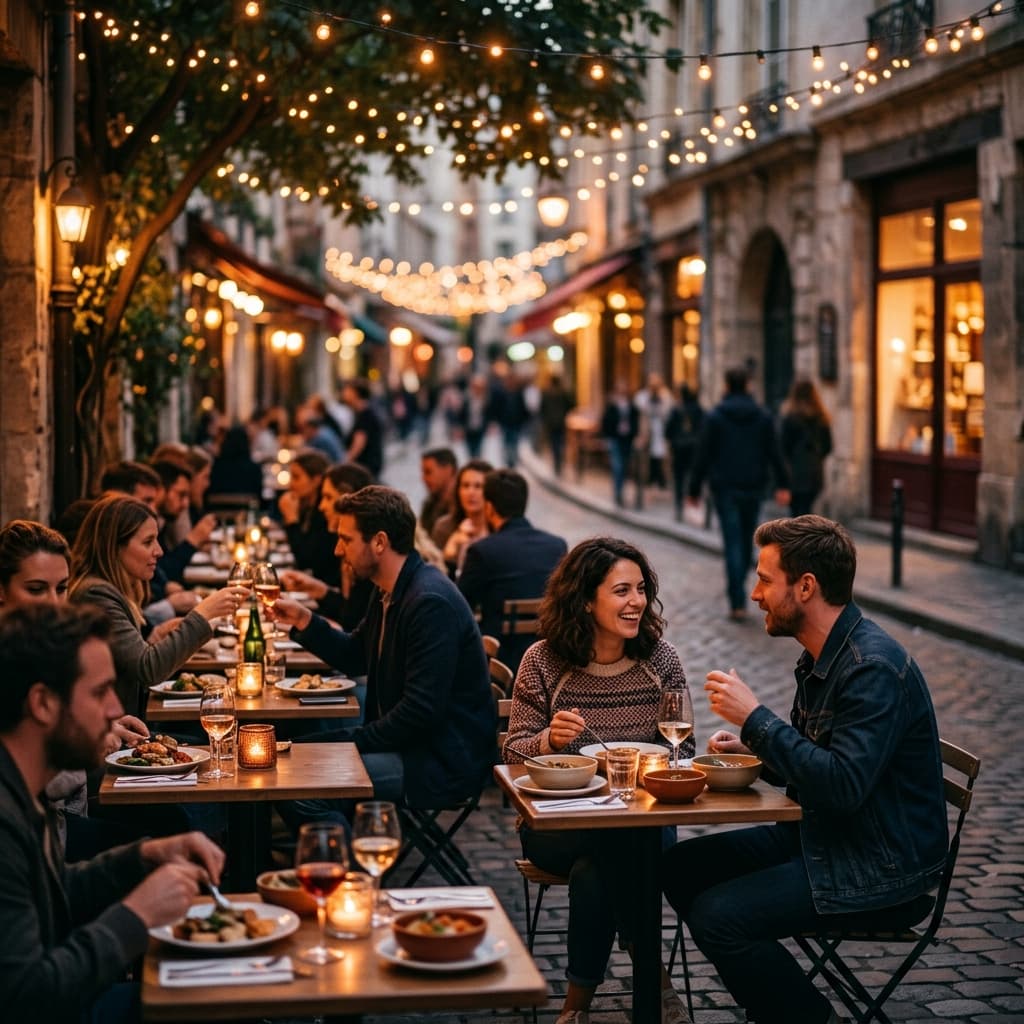 A couple-friendly city evening scene: outdoor café tables with warm string lights, blurred background