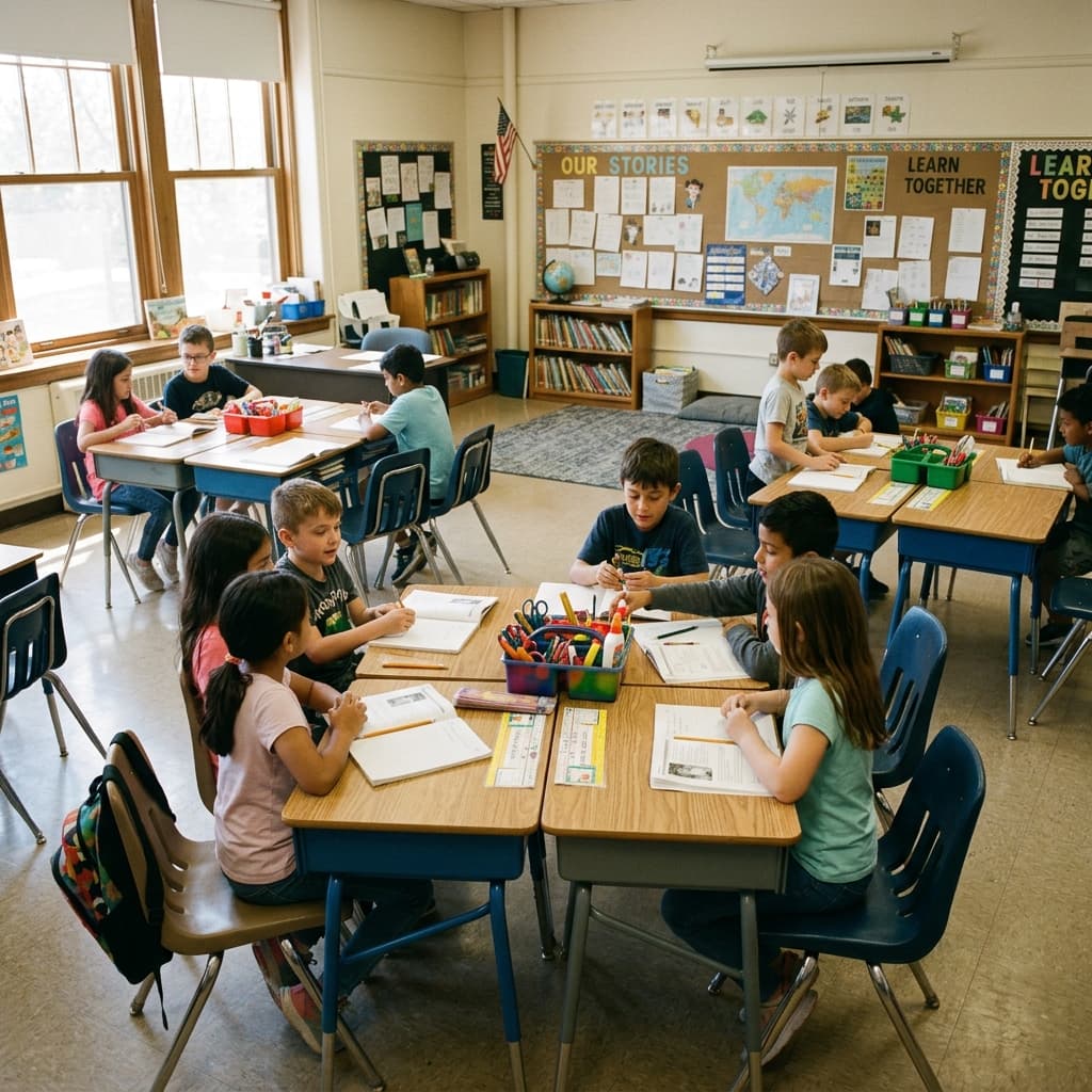 A classroom with desk pods arranged in collaborative clusters, supplies in center bins