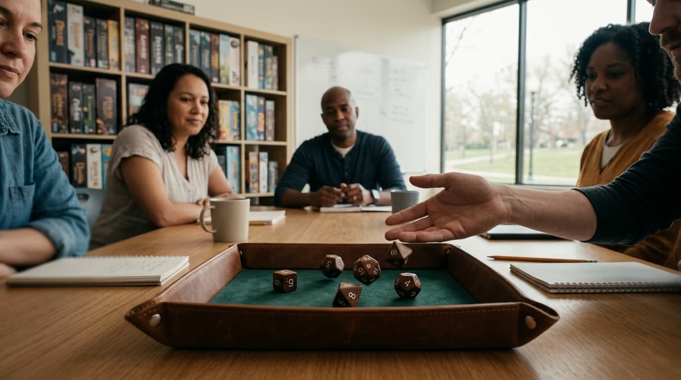 A board game table with colorful game board blurred, empty chair pulled up