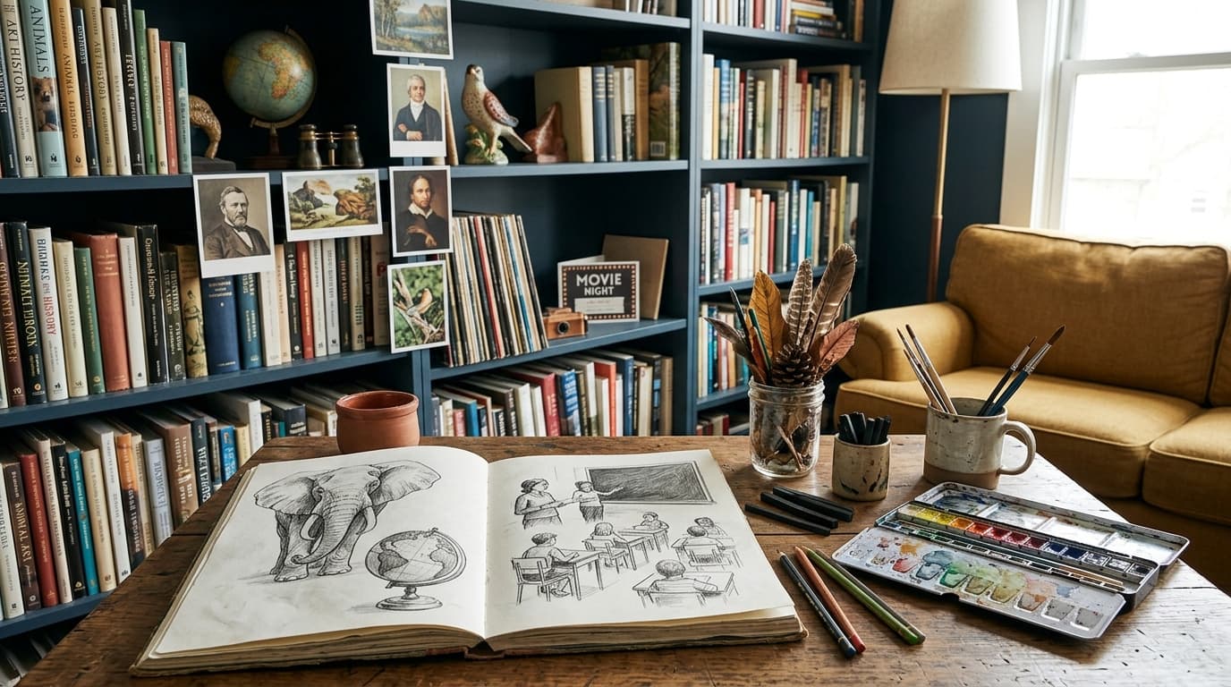 An art classroom with easels, paint jars, and sketch pads on tables