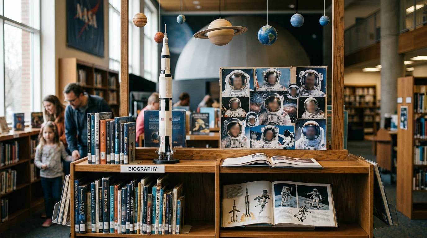 A library space biography display: model rocket, astronaut suit photo collage with blurred faces, books stacked