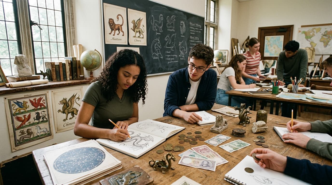 A creative writing classroom: students sketching dragons and unicorns at desks, fantasy art prints on the wall without titles