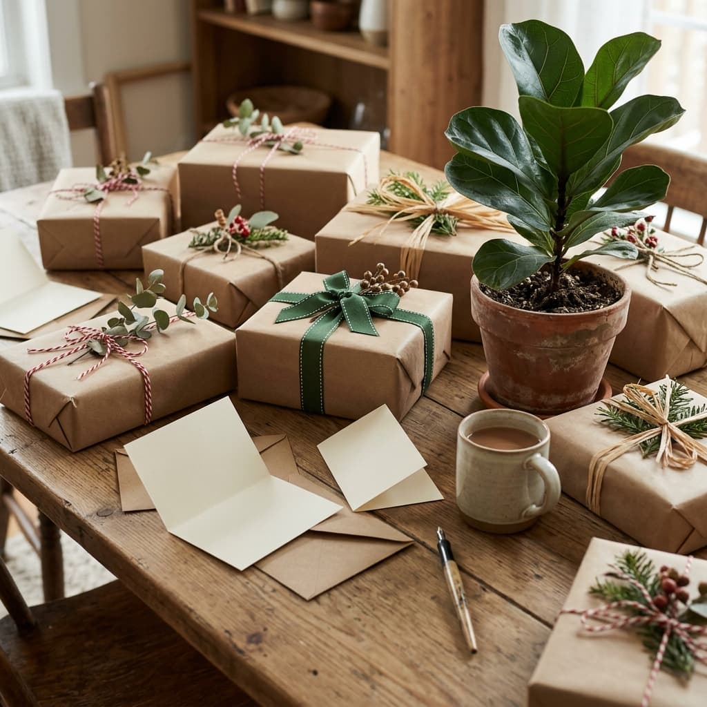 A table with wrapped gifts in kraft paper and ribbon, potted plant, and greeting cards without readable text