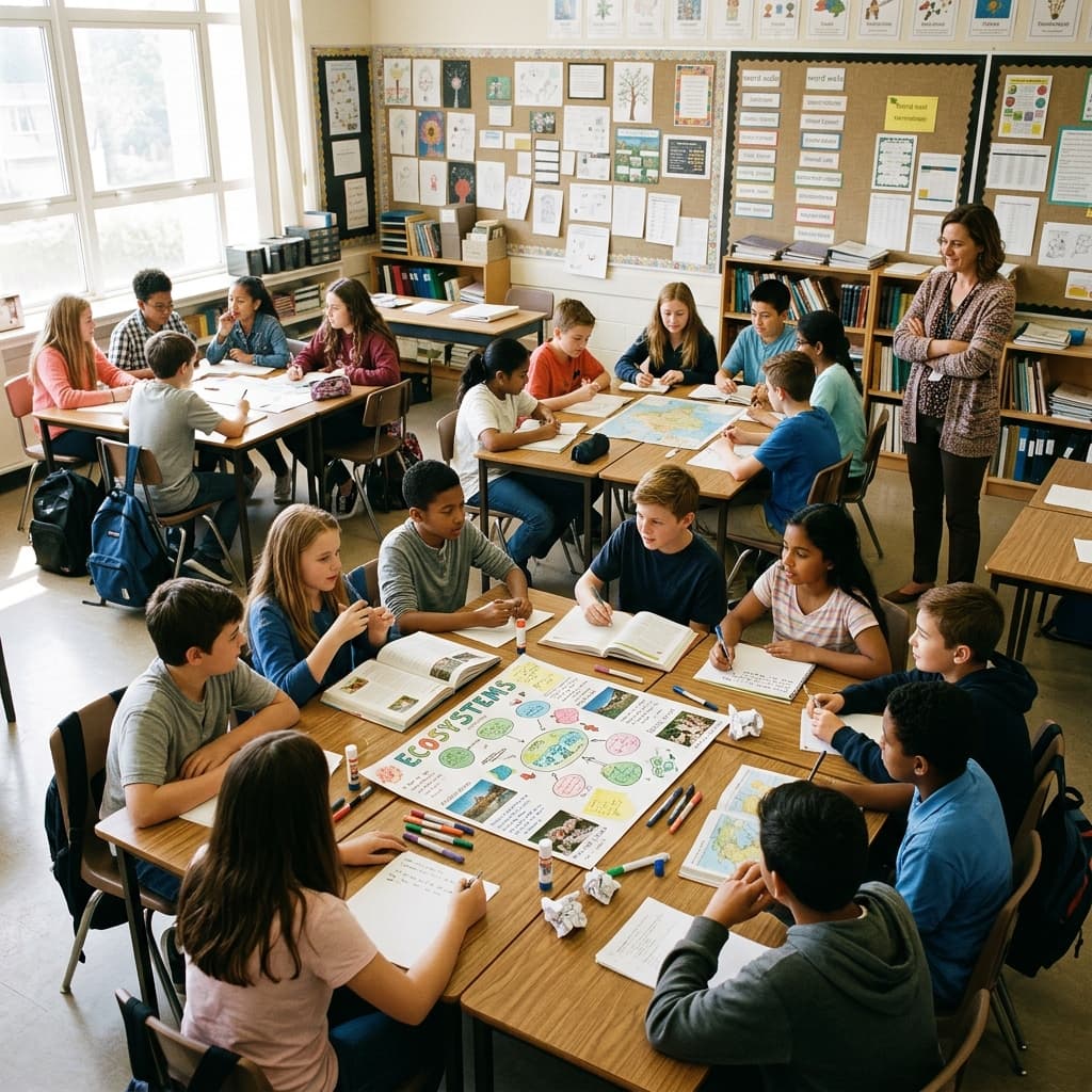 Students collaborating at grouped desks in a bright classroom, poster boards and supplies on tables, teacher observing from the side