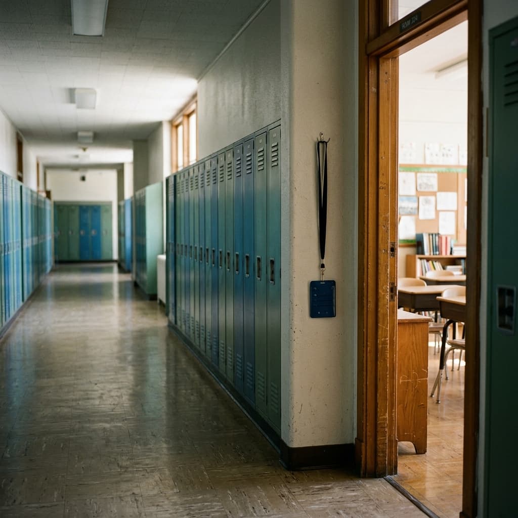A quiet school hallway with locker rows, hall pass lanyard hanging on a hook near a classroom door