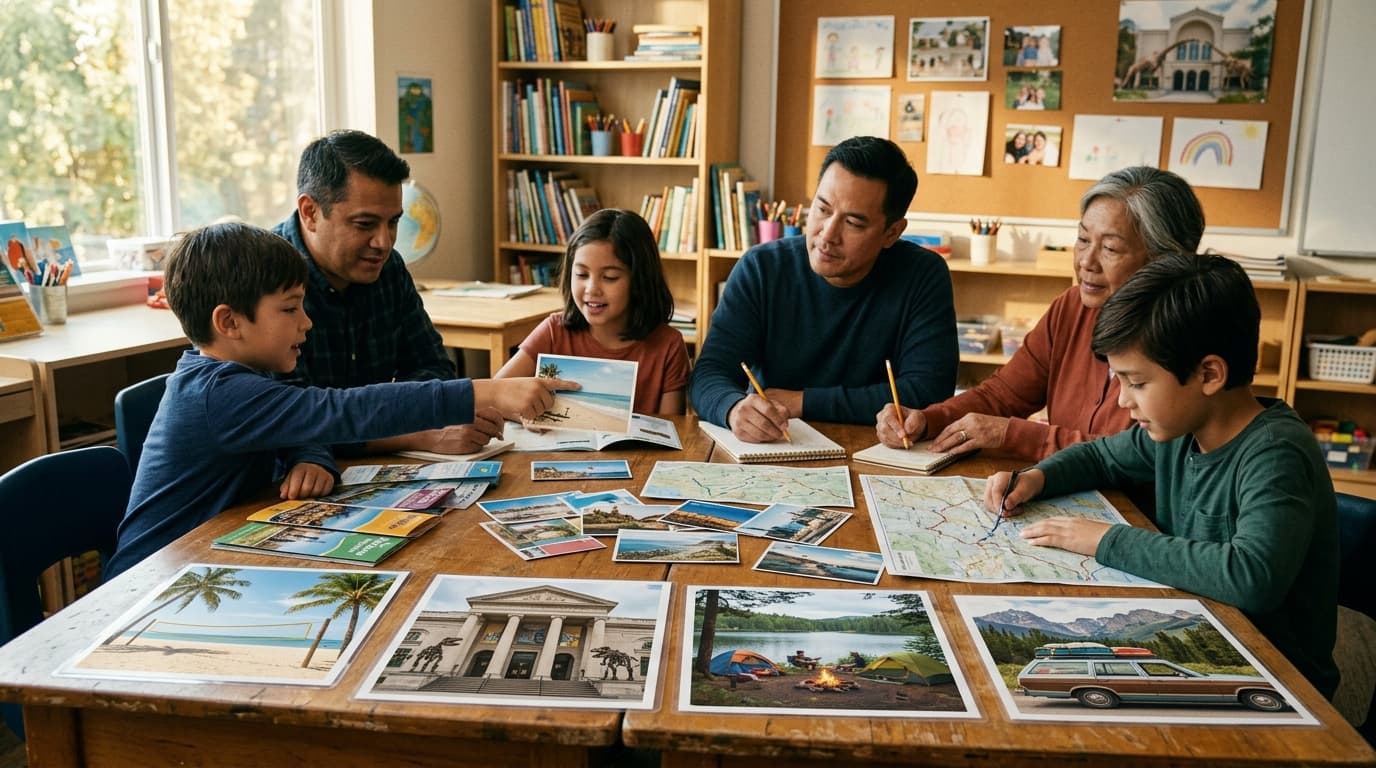 A family planning a school break: open suitcase, map pinned on a wall, hiking boots by the door, warm afternoon light