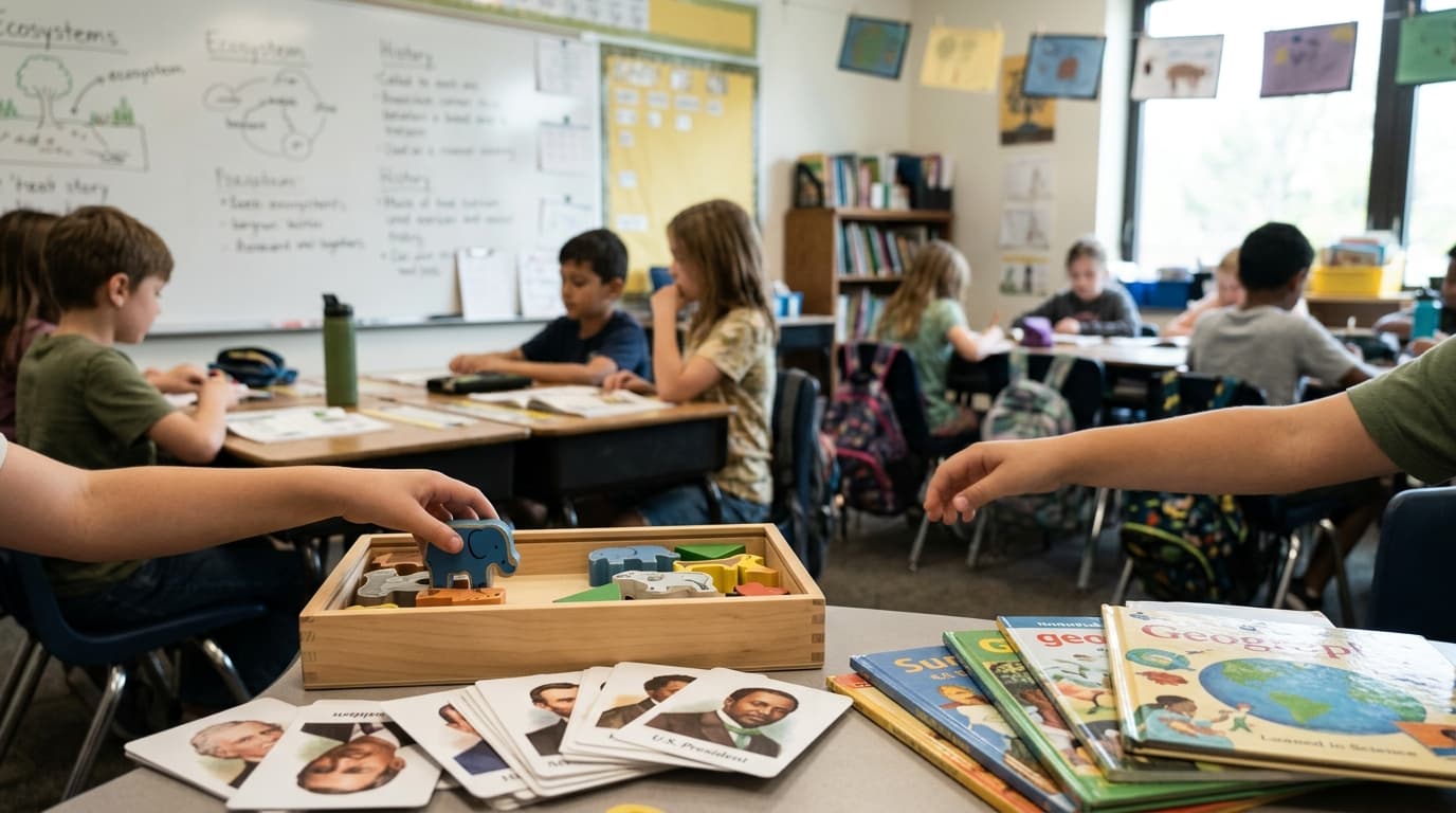 A teacher and students watching a projector screen that is softly blurred