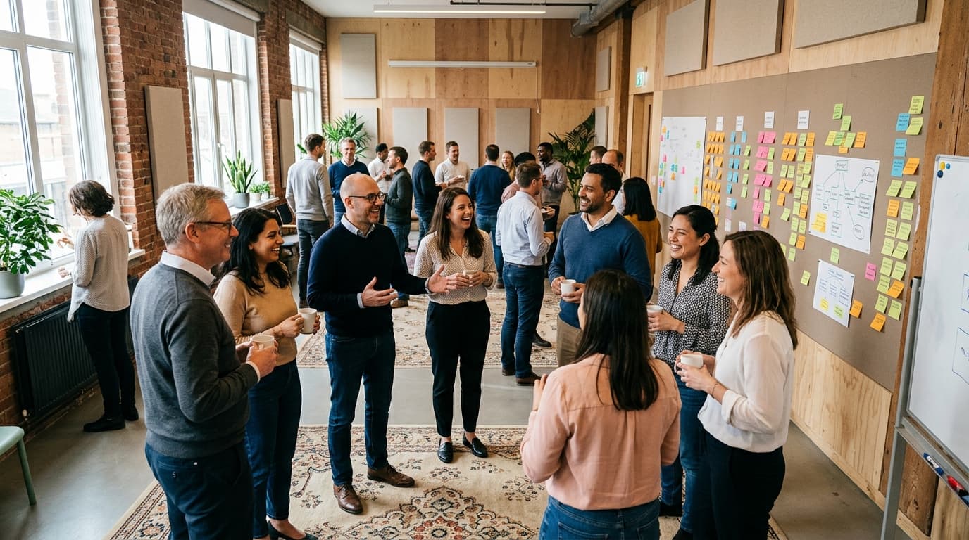 A team workshop with sticky notes on a wall and people mingling in a bright conference space
