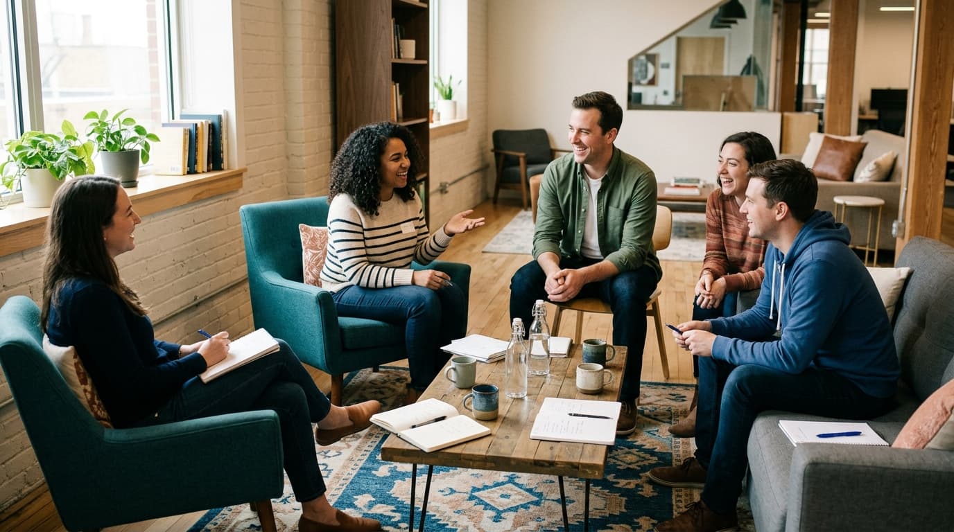 A bright office breakout room: colleagues seated in a casual circle with notebooks, warm window light, coffee cups