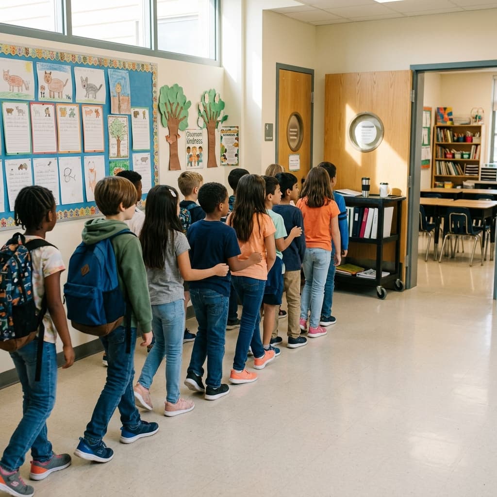 Elementary students walking in a calm line through a bright school hallway