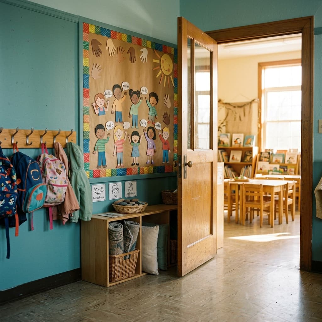 A welcoming classroom entrance with coat hooks, cheerful bulletin board without readable text, morning sunlight
