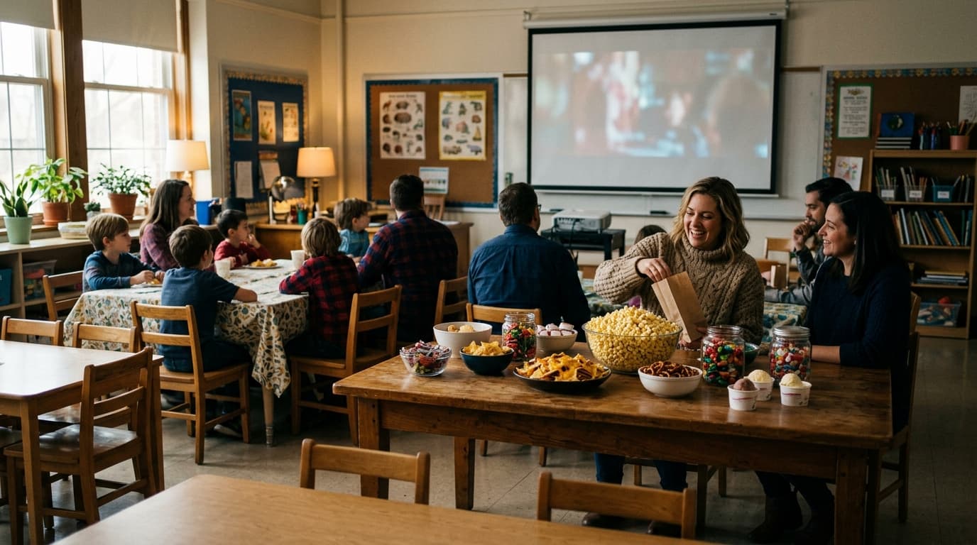 A family movie night: bowls of popcorn and nachos on a coffee table, dim lamp light, TV glow blurred in background