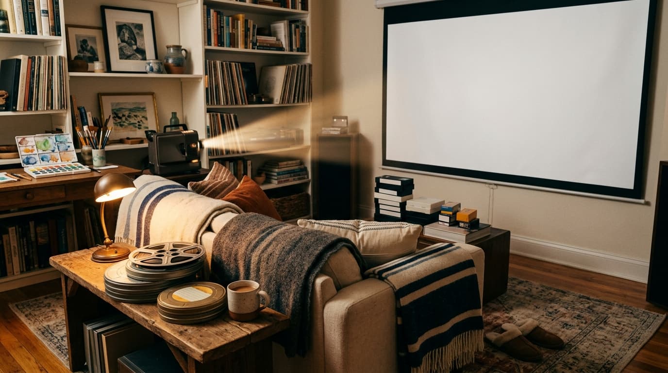 A home theater nook: projector beam toward a blank screen, stacked film reels as decor without readable labels, cozy blankets on seating, warm ambient light