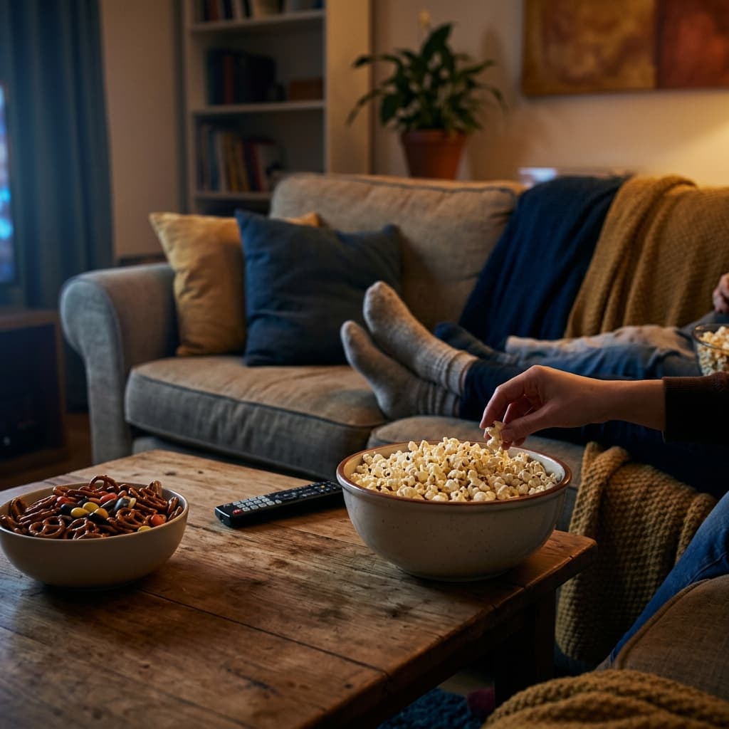 A living room sofa with bowls of popcorn and snacks on a coffee table, TV glow blurred