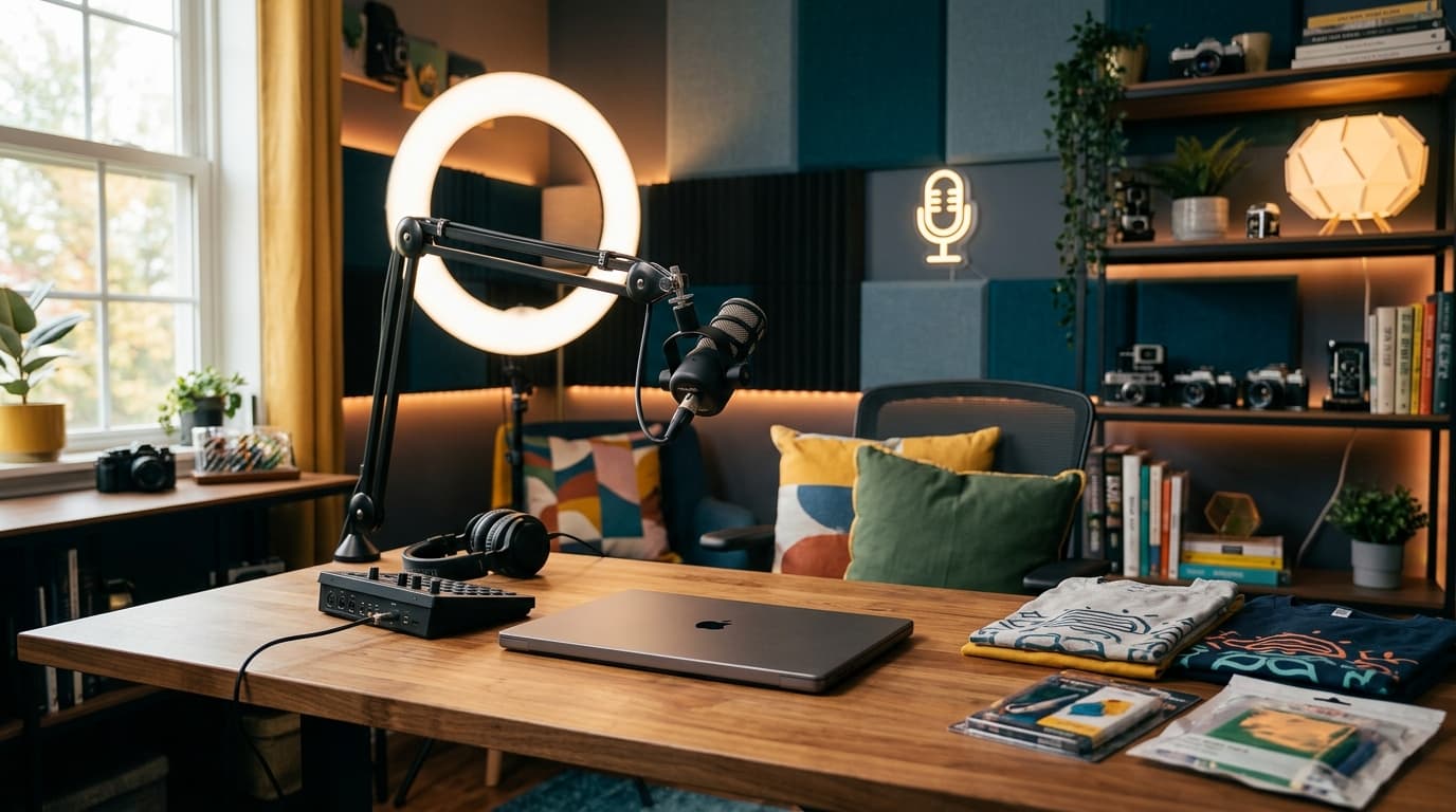 A live stream desk setup with microphone, ring light glow, and closed laptop