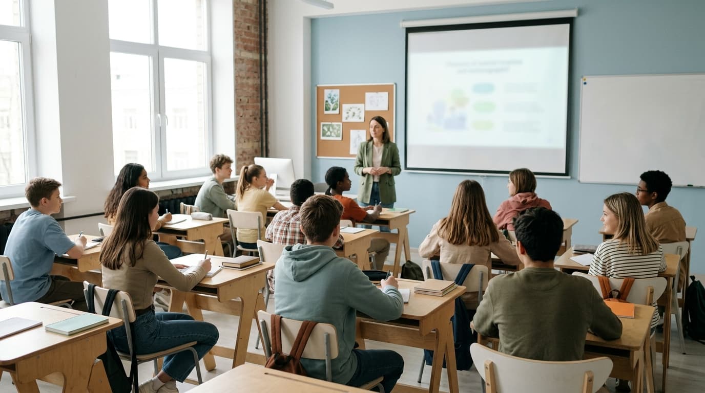 A bright modern classroom with students at desks looking toward a projector screen that is off or softly blurred