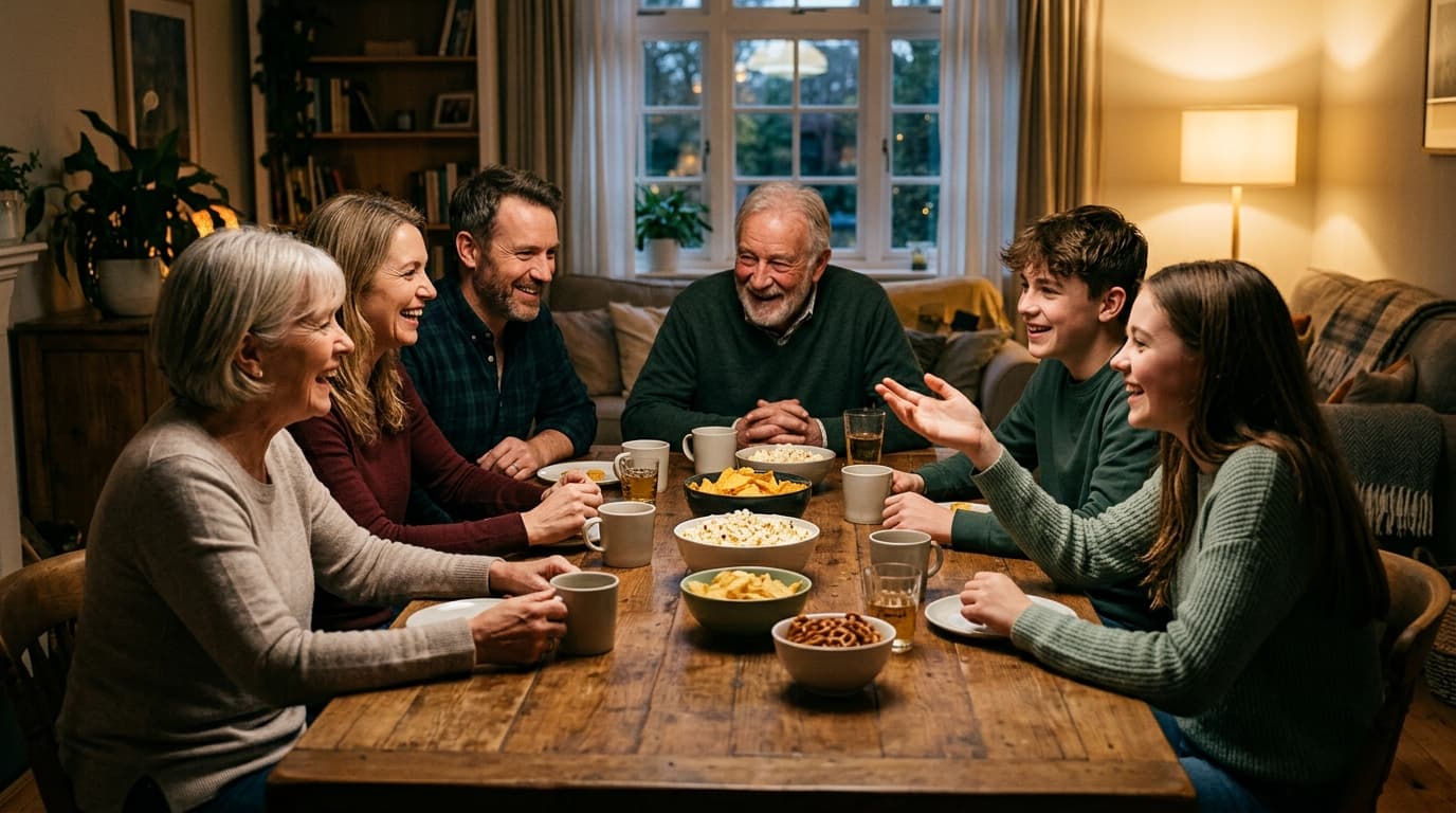 A family game night around a dining table: snacks, warm lamp light, multigenerational group smiling