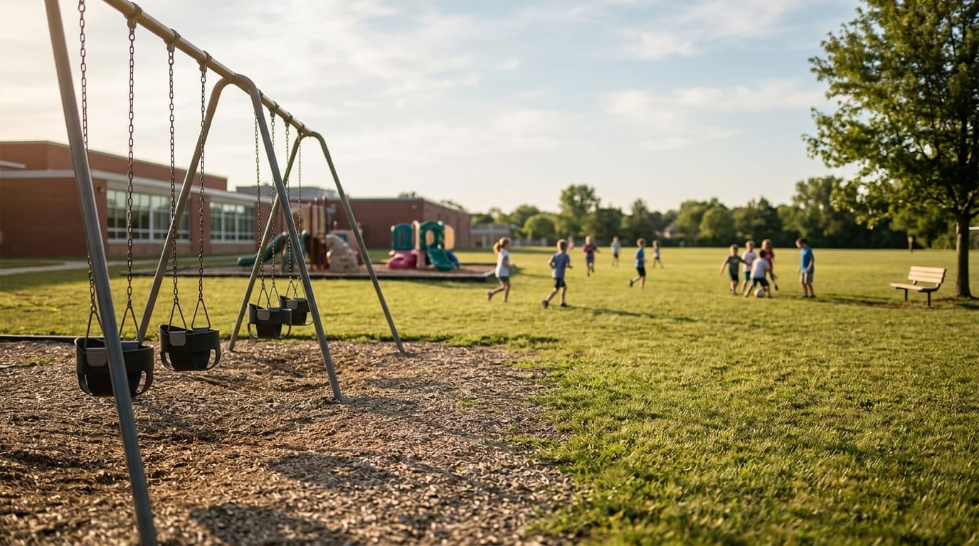 An elementary school playground with empty swings and a grassy field on a sunny afternoon