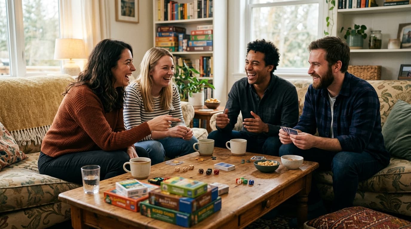 A coffee table with colorful board game boxes (spines blurred), dice, and mugs