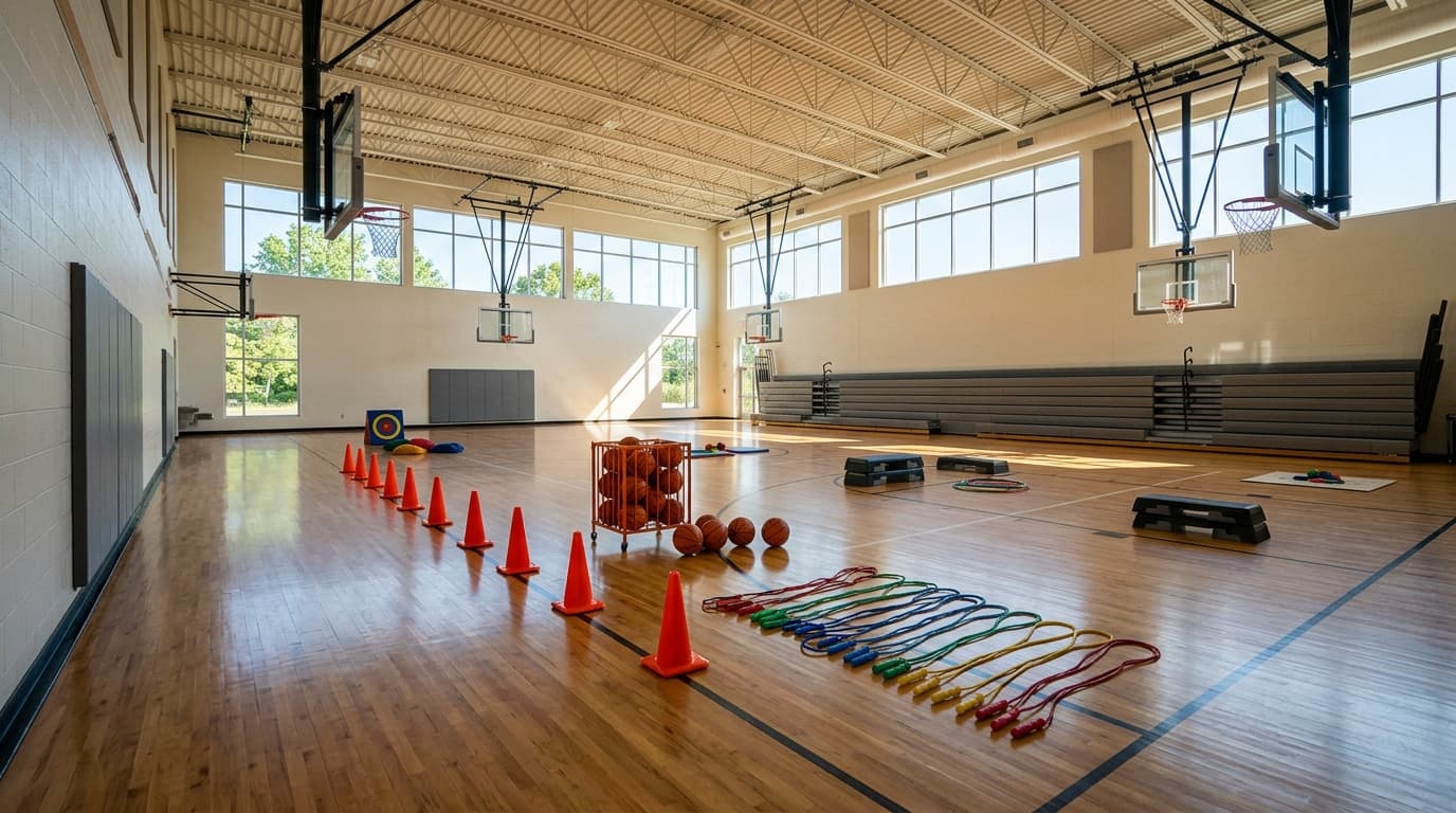 A sunny school gym with cones, basketballs, and jump ropes laid out for PE class