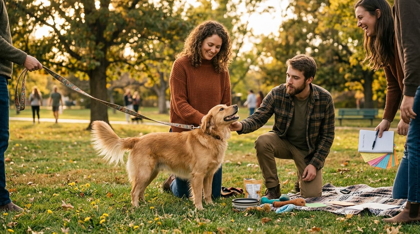 A cozy living room with a dog bed, leash on a hook, and pet toys
