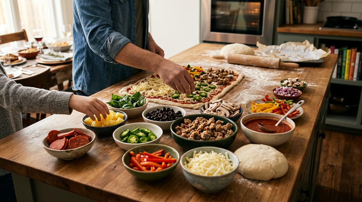 A home kitchen with pizza dough on a floured counter and bowls of toppings