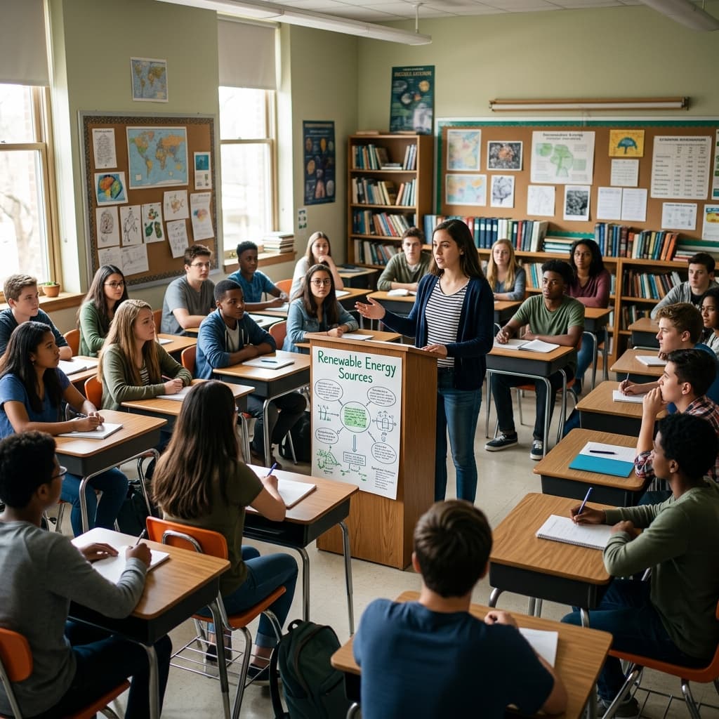 A student standing at a classroom podium with poster board, classmates seated attentively