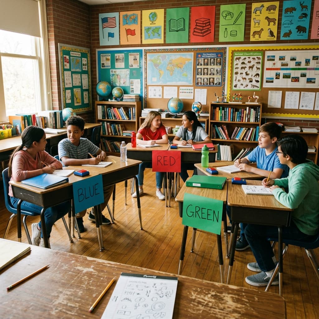 A middle school classroom set for trivia: clustered desks with buzzers and notepads, bright lighting
