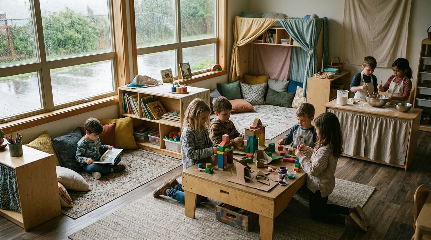 An elementary classroom on a rainy day: children at a table with board games and craft supplies, rain streaks on the window, cozy indoor recess mood