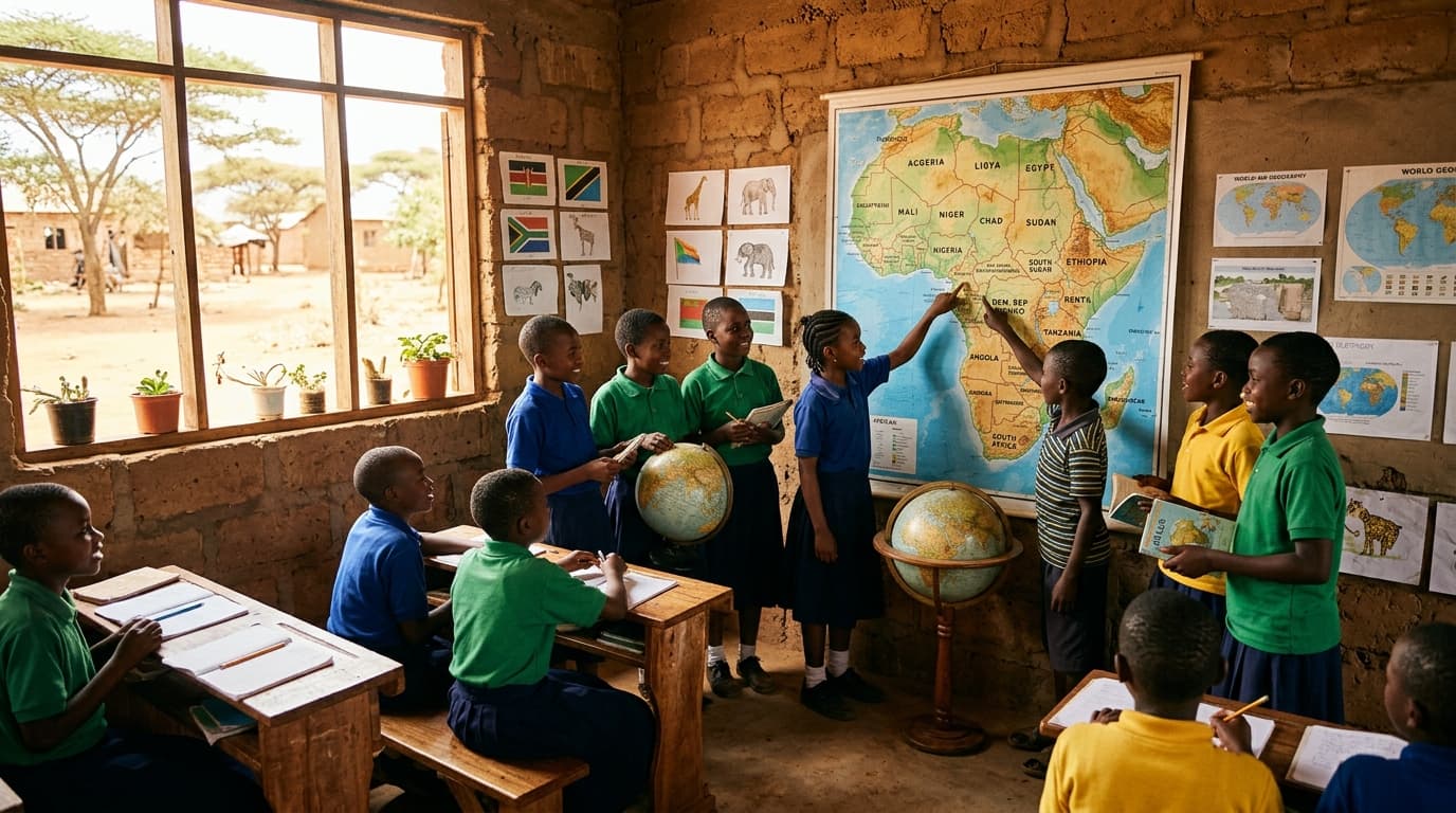 A geography classroom: Africa wall map without readable country names, woven textile and drum as cultural props on a side table