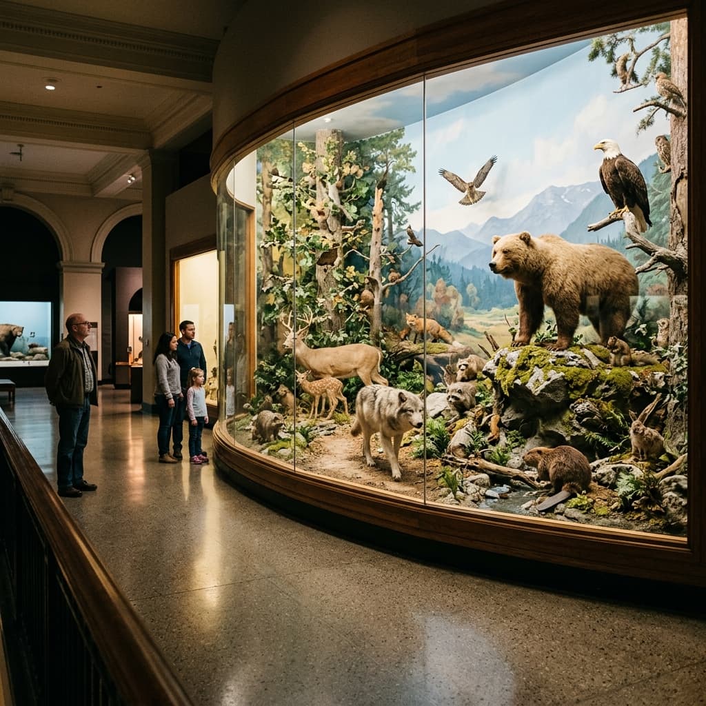 A natural history museum hall: taxidermy diorama or glass display with diverse mammals and birds in habitat scenery, polished floor, soft museum lighting