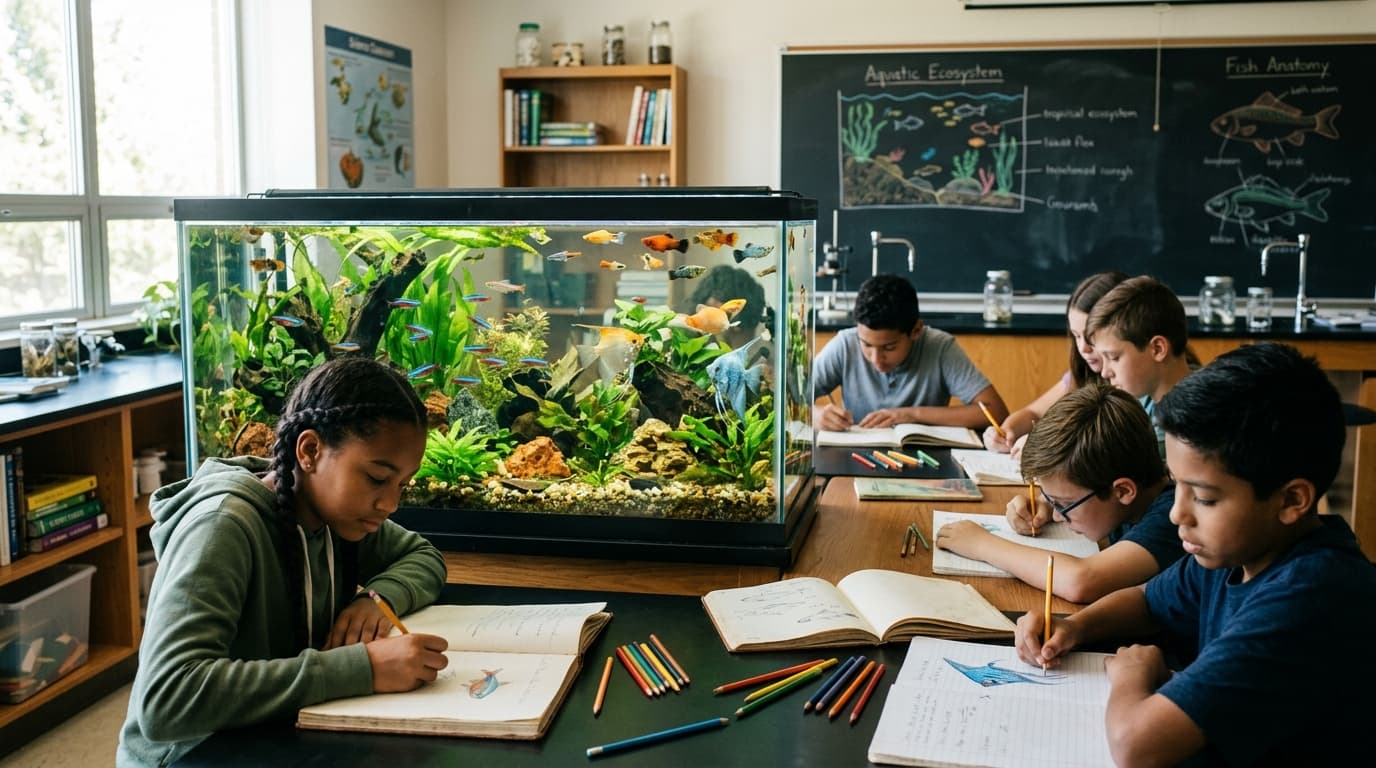 A science classroom aquarium with colorful fish and students sketching in notebooks