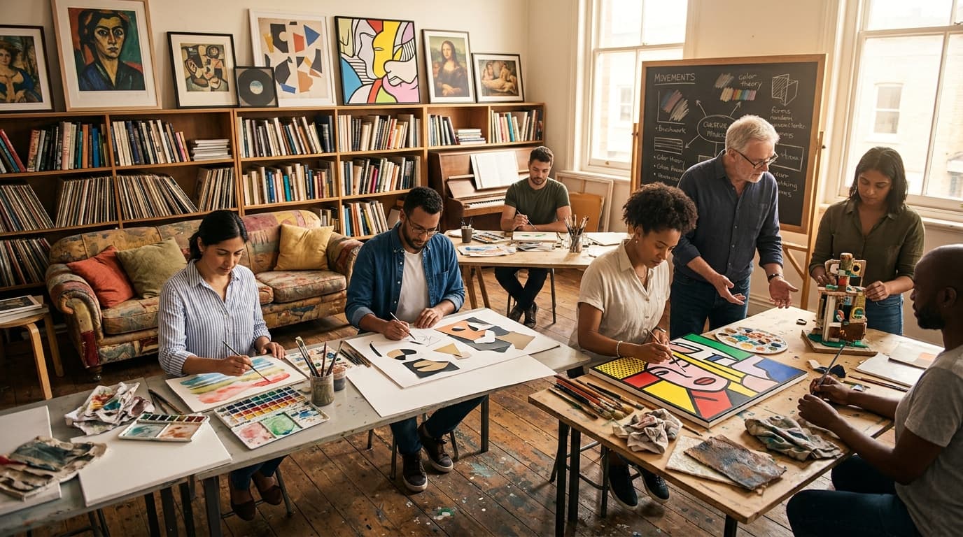 An art studio: easels with abstract and impressionist student paintings, paint tubes and brushes on a taboret