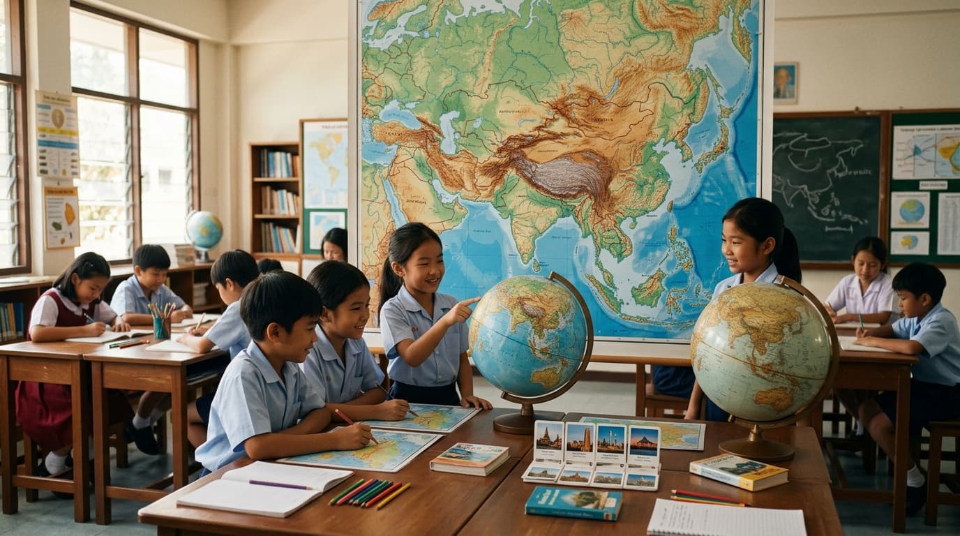 A world geography classroom: Asia map mural with blurred labels, paper lanterns and tea set as still-life props