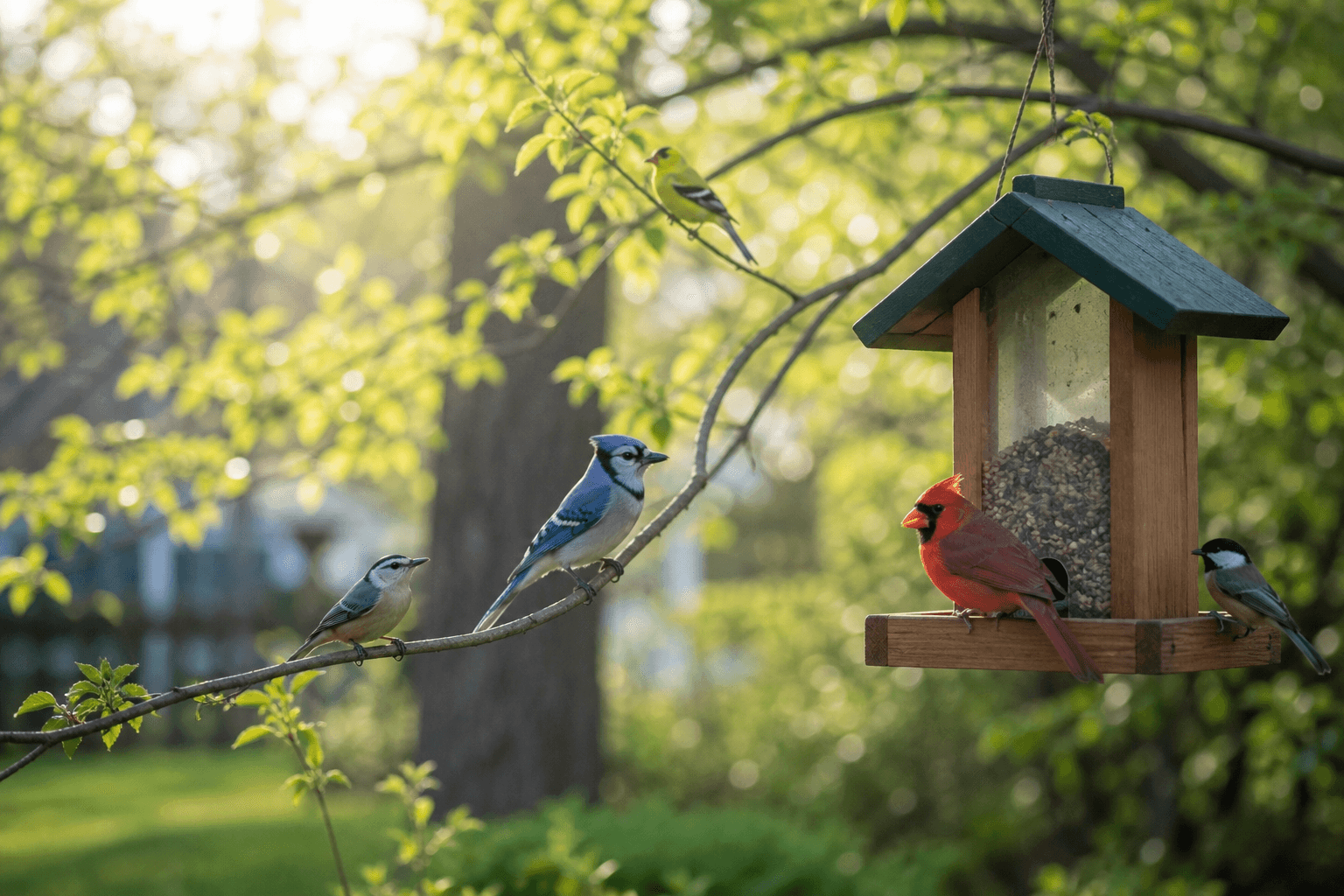 A backyard bird feeder with colorful songbirds perched on branches, morning light through trees