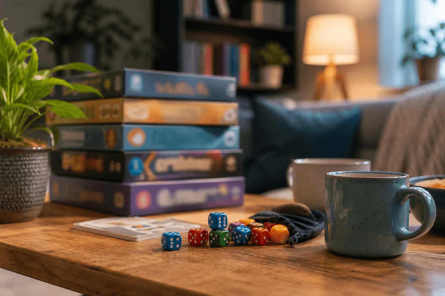 A coffee table with colorful board game boxes stacked, dice, and mugs