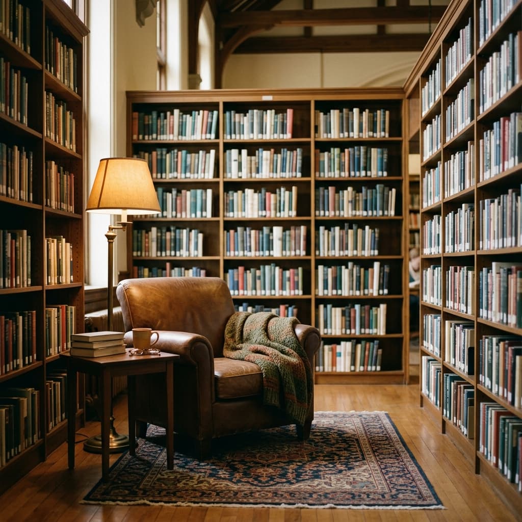 A public library reading nook: floor-to-ceiling shelves with blurred spines, armchair, warm lamp