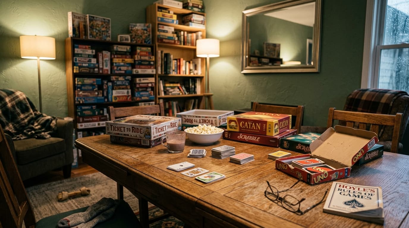 A card game table with face-down decks and mugs